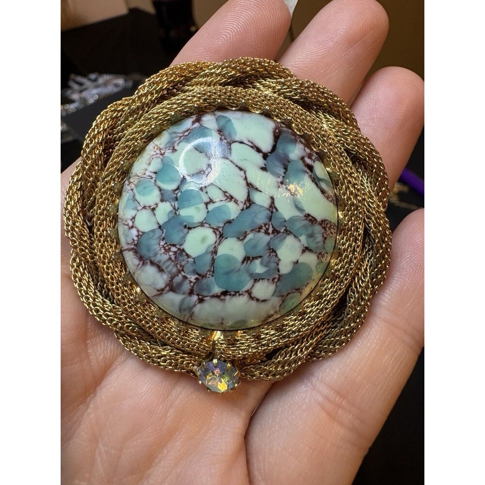 Vintage Hubble Glass Brooch Blue Green Cabochon Gold Tone Mesh AB Rhinestone